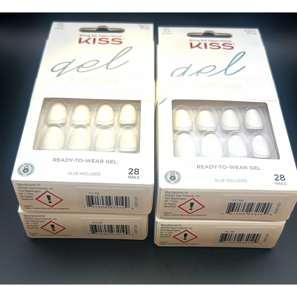 Lot of 4 KISS Gel Fantasy Press-On Nails Short Oval Happy Hands White 28ct